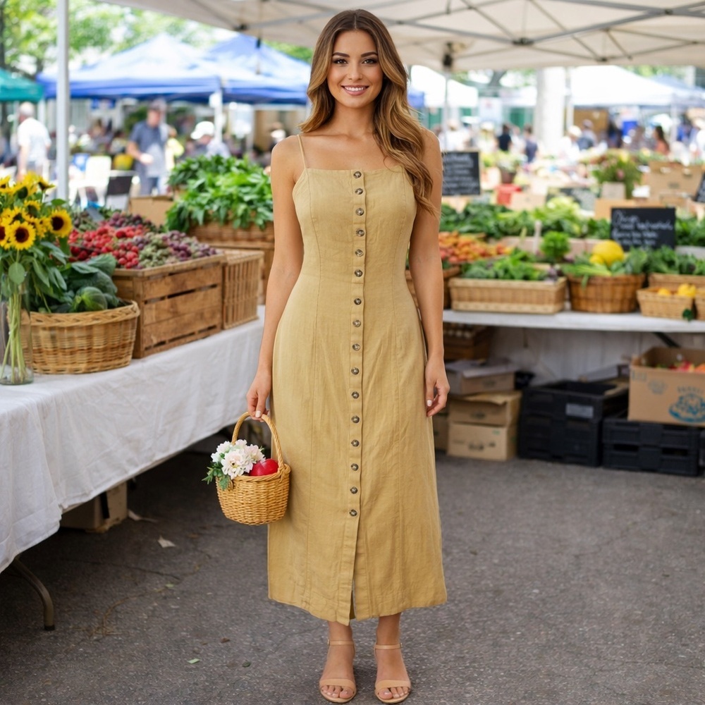 Free People button front midi dress linen cotton blend backless straps taupe XS‌ - Picture 3 of 10